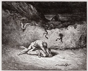 La Divine Comédie (La Divina Commedia, La Divine Comédie), Enfer, chant 30 : Le tourment des faussaires dans la neuvième bolgia (Gianni Schicchi) - de Dante Alighieri (1265-1321) - Illustration de Gustave Doré (1832-1883)
