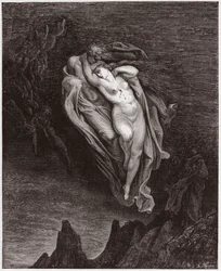 La Divine Comédie (La Divina Commedia, La Divine Comédie), Enfer, chant 5 : Les âmes de Paolo et Francesca - de Dante Alighieri (1265-1321) - Illustration de Gustave Doré (1832-1883)