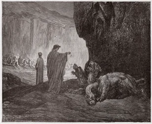 La Divine Comédie, Enfer, Chant 6 : Virgile nourrit Cerbère dans le troisième cercle - de Dante Alighieri (1265-1321) - Illustration de Gustave Doré (1832-1883)