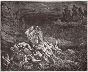 La Divine Comédie, Enfer, Chant 7 : Virgile montre à Dante les âmes des coléreux dans le Styx - par Dante Alighieri (1265-1321) - Illustration de Gustave Doré (1832-1883)