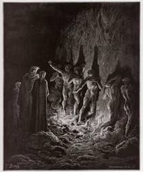 La Divine Comédie, Purgatorio, Chant 25 : Les luxurieux traversent le feu dans le septième cercle - par Dante Alighieri (1265-1321) - Illustration de Gustave Doré (1832-1883)