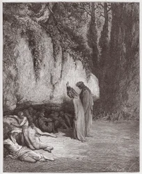 La Divine Comédie, Purgatorio, Chant 4 : Les âmes indolentes à côté du rocher - par Dante Alighieri (1265-1321) - Illustration par Gustave Doré (1832-1883)