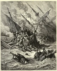 "La bataille navale de Lépante" Elle a mis en place une alliance espagnole, vénitienne et pape face aux Ottomans en 1571 au large de la Grèce. Gravure de Gustave Dore (1832-1883) d