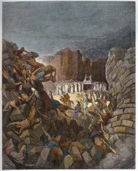 La chute des murs de Jéricho - Gravure dans « La Bible illustrée » de Gustave Doré (1832-1883) - Gravure de « La Bible Doré »