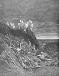 La guerre au ciel, tirée du livre VI du «Paradis perdu» de John Milton (1608-74), gravée par A. Ligny, vers 1868