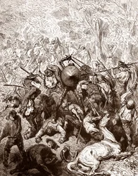 Le combat contre les muletiers de Yanguas Gravure par Gustave Doré (1832-1883) pour « L