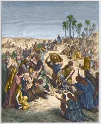 La multiplication des pains - Le Christ nourrissant la multitude (Abondance Pain Christianisme Foule Gravure Poisson) - gravure dans "La Bible illustrée" par Gustave Doré (1832-1883) - Gravure de "La Bible de Doré".