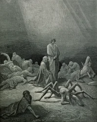 Virgile (70-19 av. J.-C.) et Dante regardant la femme araignée, illustration de « La Divine Comédie » (Enfer) de Dante Alighieri (1265-1321), Paris, publiée en 1885