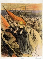 Foule courbée avec des drapeaux rouges, "La Grève" par Flaschoën, début 20e s.