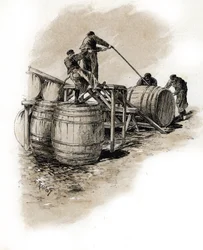 Empilement des tonneaux de vin, Bercy, Paris. Dessin de Gustave Fraipont (1849-1923) d