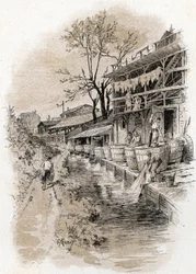 Mégisseries de la rue du Pot-au-Lait dans le quartier du Petit-Gentilly sur les bords de la Bièvre à Paris (dessin de Gustave Fraipont)