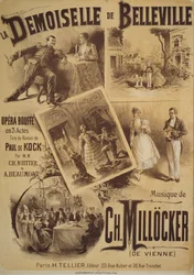 Affiche pour La Demoiselle de Belleville, opéra-comique, livret de Charles Nuitter et Alexandre Beaumont, musique de Karl Millocker, Dessin de Gustave Fraipont, Éditions Tellier, Paris
