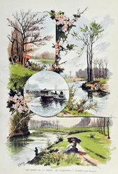 Le bord de la Marne : de Charenton à Nogent en 1887. Illustration de Gustave Fraipont (1849-1923) Gravure de 1887 dans "Paris-Illustre journal hebdomadaire".