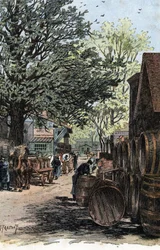 Vue du nouvel entrepôt de la rue Laroche, Bercy, Paris. Dessin de Gustave Fraipont (1849-1923) d