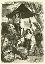 Femmes vendant du foin aux charretiers au bord de la route, Italie