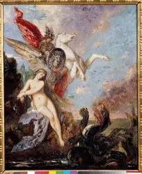 Andromède, enchaînée à un rocher, est délivrée par Persée. Peinture de Gustave Moreau (1826-1898)