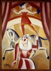 Cirque III Une écuyère en équilibre sur un cheval et un clown sur une piste de cirque donnant un spectacle