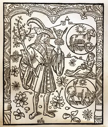 Calendrier des bergers - Les travaux des mois - Avril - Gravure sur bois du livre de 1496 imprimé par Guy Marchant (Guido Mercator) à Troyes - Gravure sur bois dans 