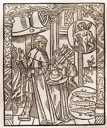 Calendrier du berger - Les Travaux des Mois - Février - Gravure sur bois du livre de 1496 imprimé par Guy Marchant (Guido Mercator) à Troyes - Gravure sur bois dans « Le grand Calendrier et compost des bergers »
