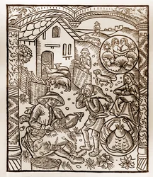 Calendrier du berger - Les Travaux des Mois - Juin - Gravure sur bois du livre de 1496 imprimé par Guy Marchant (Guido Mercator) à Troyes - Gravure sur bois dans « Le grand Calendrier et compost des bergers »