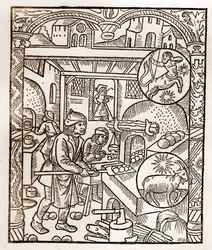 Calendrier du berger - Les Travaux des Mois - Novembre - Gravure sur bois du livre de 1496 imprimé par Guy Marchant (Guido Mercator) à Troyes - Gravure sur bois dans "Le grand Calendrier et compost des bergers" - Four à pain.