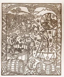Calendrier du berger - Les travaux des mois - Octobre - Gravure sur bois du livre de 1496 imprimé par Guy Marchant (Guido Mercator) à Troyes - Gravure sur bois dans « Le grand Calendrier et compost des bergers » - La récolte - et les signes du zodiaque