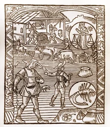 Calendrier des bergers - Les travaux des mois - Septembre - Gravure sur bois du livre de 1496 imprimé par Guy Marchant (Guido Mercator) à Troyes - Au premier plan, des paysans sèment à la volée - Gravure sur bois dans 