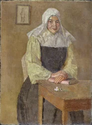 Mère Poussepin assise à une table