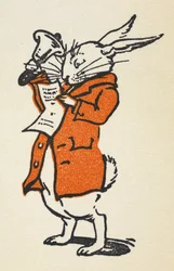 Illustration du Lapin Blanc en veste rouge sonnant une grande cloche et lisant