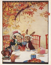 Le thé du Chapelier fou. Le Chapelier fou buvant du thé et mangeant du gâteau avec le Lièvre de Mars et le Loir.