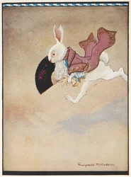 Le Lapin Blanc courant en portant un manteau rouge et un éventail