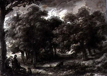 Paysage boisé, avec des personnages