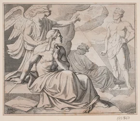 Feuille allégorique. Un ange pose la main sur l