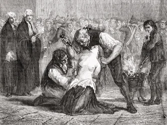 La torture de Madame de la Motte, gravée par Meyer-Heine, tirée de «Histoire de la Révolution française» de Louis Blanc (1811-82)
