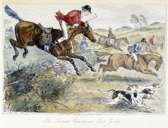 Scène de chasse, caricature anglaise sur la chasse au renard, tirée des « aventures de Thomas Scott, ou Hawbuck Grange », illustration de H.K. Browne et W.T. Maud.
