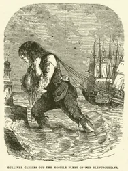 Gulliver emporte la flotte hostile des Blefuscudiens (gravure)