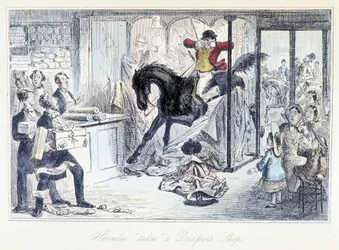 Chasseur de chevaux entrant accidentellement dans un magasin de tissus. Caricature anglaise sur la chasse tirée de « aventures de Thomas Scott ou Hawbuck Grange » illustration par H.K. Browne et W.T. Maud.