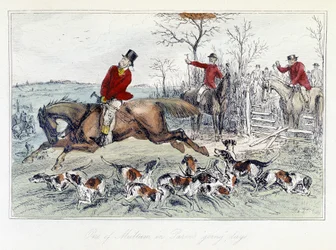 Scène de chasse dans "Les Aventures de Thomas Scott", illustration par H.K. Browne et W.T. Maud; caricature anglaise sur la chasse au renard