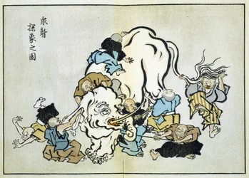 Des moines aveugles examinant un éléphant (gravure)