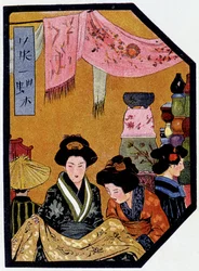 Jeunes japonais dans les magasins de soie - dans « Poupée japonaise » par Félicien Champsaur, ill. Hanafusa Itcho, Paris