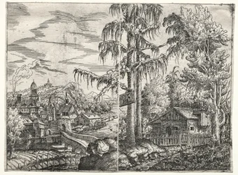 Paysage avec la ville sur une rivière et le cottage entre les arbres
