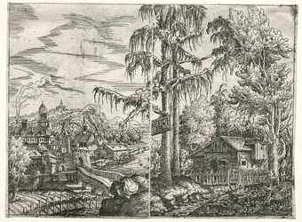 Paysage avec la ville sur une rivière et la chaumière entre les arbres, 1551
