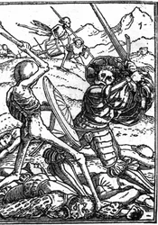 La fausse mort de Hans Holbein le Jeune (1497-1543) : le soldat. Un soldat combat la Mort ; à leurs pieds gisent les corps d