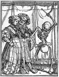 Les simulacres de la mort de Hans Holbein le Jeune (1497-1543) : les époux. La mort joue du tambour devant un couple. Gravure
