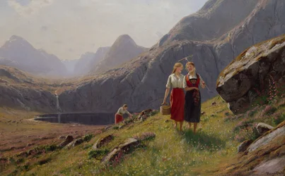 Trois filles au lac de montagne en Norvège occidentale