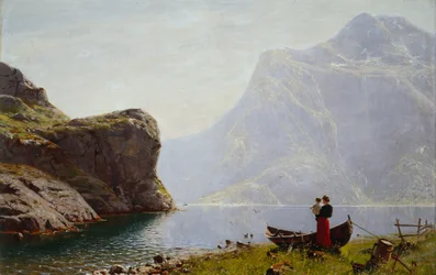 Femme et enfant au bord du fjord