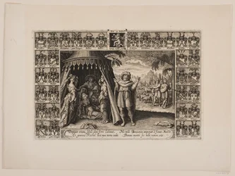Page de titre pour sermon funèbre représentant Rachel mourant en donnant naissance à Benjamin. Entouré de blasons