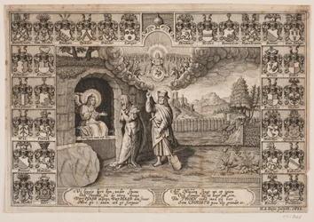 Page de titre pour sermon funèbre sur Ida Langs avec représentation du Christ comme jardinier et Marie Madeleine