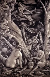 Le sabbat des sorcières, gravure de Hans Baldung Grien, peintre, graveur et dessinateur allemand (1484-1545)