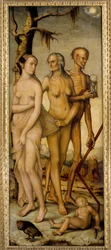 Les âges de la vie : Une jeune femme, un vieil homme et un squelette tenant un sablier. 1540. Dimensions : 1,51 x 0,61 m. Madrid, musée du Prado